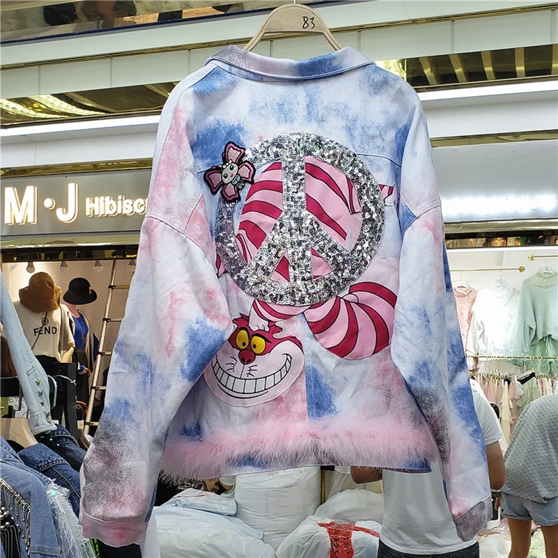 

SexeMara fashion The New Heavy work Beading Sequin Cartoon printing Gradient denim jacket free shipping