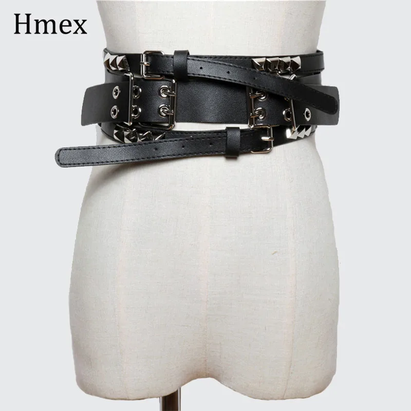 

Autumn Winter Women Pu Leather Black Three Buckle Stitch Wide Waist Belt Punk Heavy Metal Personality Women's Belts cummerbund
