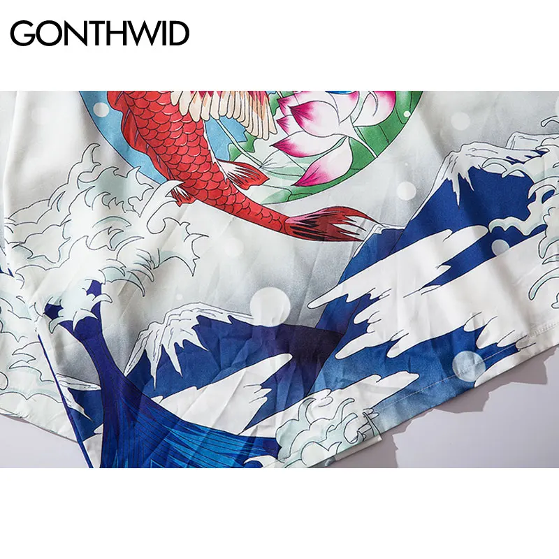 GONTHWID японский Fuji горная рыба карп кои печати кимоно кардиган Haori куртка для мужчин повседневное Harajuku Открытый спереди пальто уличная одежда