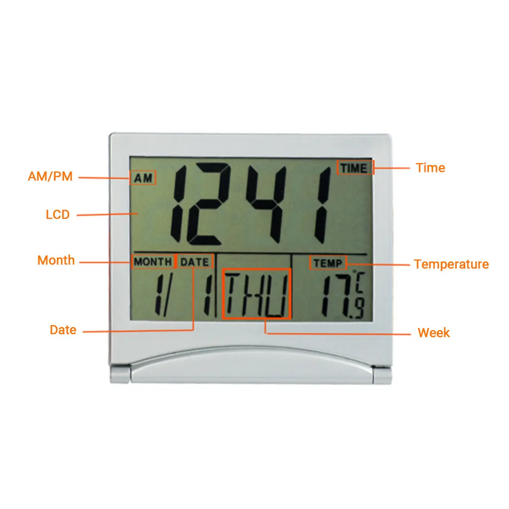 Digital LCD Weather Station Folding Alarm Clock Date Desktop Temperature Travel Clock With 8 Optional Music and Snooze Functions