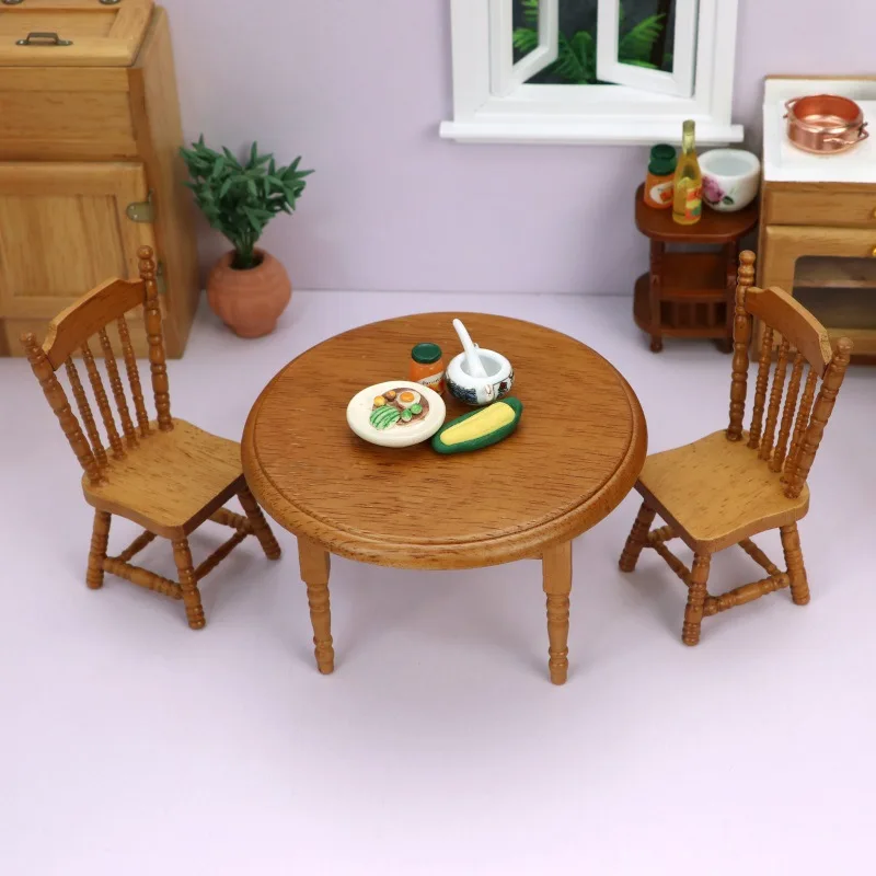 Simulation Wooden Toy 1:12 Mini Furniture Accessories Kitchen Decoration Ob11 Round Table With Chair Brown And Model |