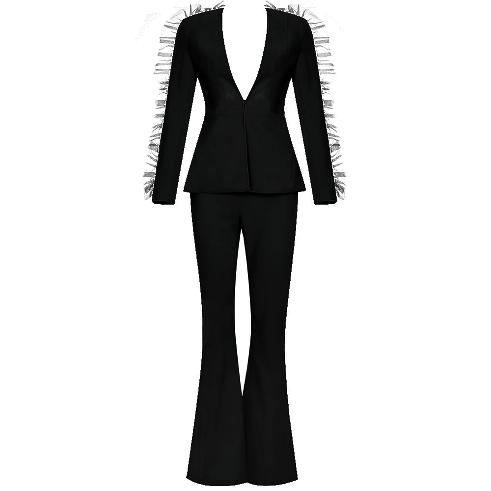 Комплект из двух предметов, женская зимняя рабочая одежда с длинным рукавом, кружевное пальто с глубоким v-образным вырезом, расклешенные штаны, вечерние Подиумные вечерние костюмы для офисных леди - Цвет: Black