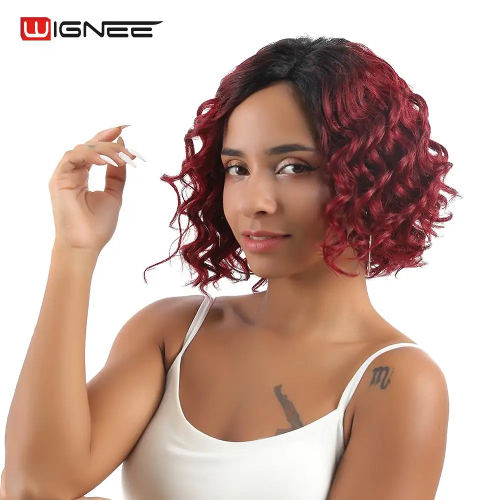 

Wignee Short Human Hair Wigs For Women Ombre Red Mongolia Hair High Density Bleached Knot Pre Plucked Hairline Curly Human Wig