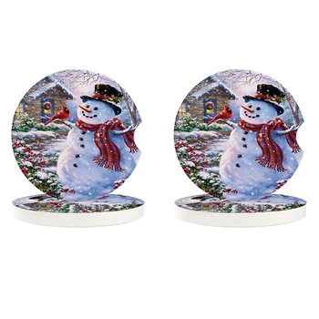 

Car Coasters 2 Pack 2.56inch, Ceramic Car Cup Coaster Drink Cup Holder Coasters Winter Holiday Merry Christmas Snowman