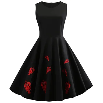 

Plus Size Embroidery Animal Lobster Print Party Vintage Dress Sleeveless V Neck Zipper Vestido Elegant Style Retro Dress