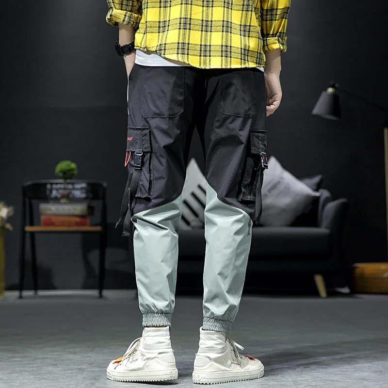 Эластичный пояс в стиле пэтчворк с карманами, крутые штаны, мужские шаровары, хип-хоп брюки, спортивные штаны, повседневные Модные брюки-карго