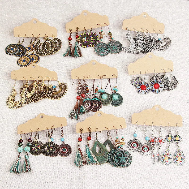 

Exknl Vintage Big Round Multicolor Beaded Earrings Set for Women Ethnic Boho Tassel Feather Long Flower Drop Earrings Jewelry