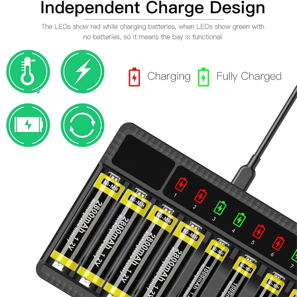 Battery Charger Adapter Battery Charger 8 Slot Smart Battery Charger LED Display for AA/AAA NiMH Rechargeable Batteries