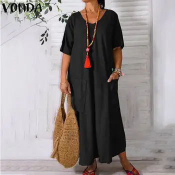 

Women Dress VONDA Vintage Cotton Pockets Short Sleeve Maxi Long Dress 2020 Summer Plus Size Sundress Elegant Vestidos Femininas