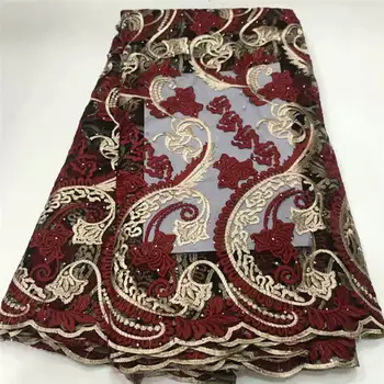 

Free shipping (5yards / pc) red African French net lace fabric with lots of beads for party dress FLS106