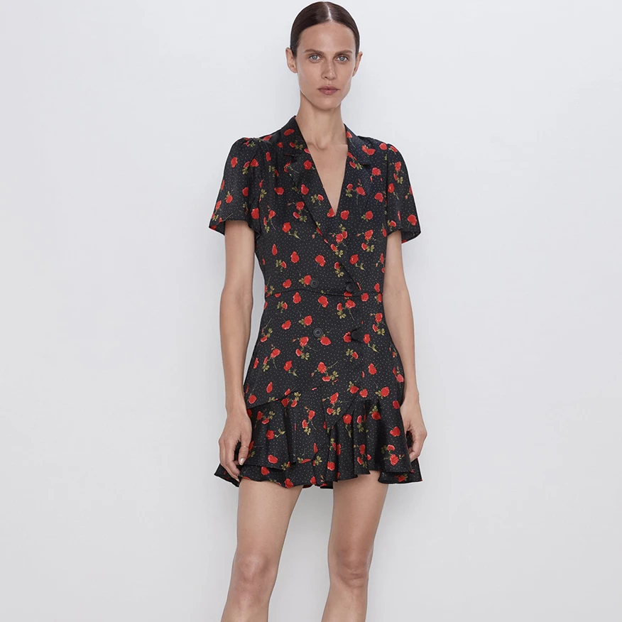 

Vintage Boho Floral Print Women Mini Dress Bud Summer 2019 V Neck Irregular Button Dresses Retro Vacation Casual Lady Dress