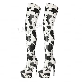 

LAIGZEM Women Thigh High Platform Boots Stretchy Farbric High Heel Side Zip Over Knee Multi Colors Shoes Woman Big Size 43 44 45