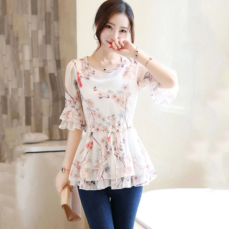 

Women Spring Summer Style Chiffon Blouses Shirts Lady Multi-layer Flower printed O-Neck Blusas Tops DF2939