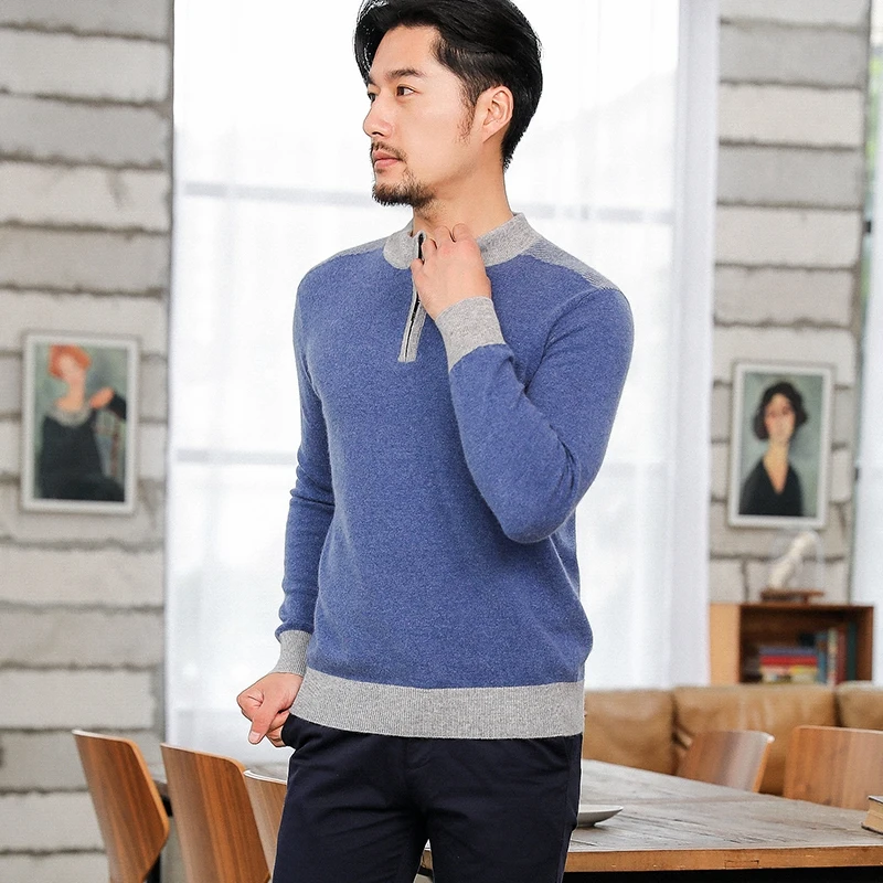 90% OFF LHZSYY 2020Autumn Winter New Half Collar Men's Pure Wool Sweater Fashion Stitching Knit Thick Pullover Warm Cashmere Base Shirt