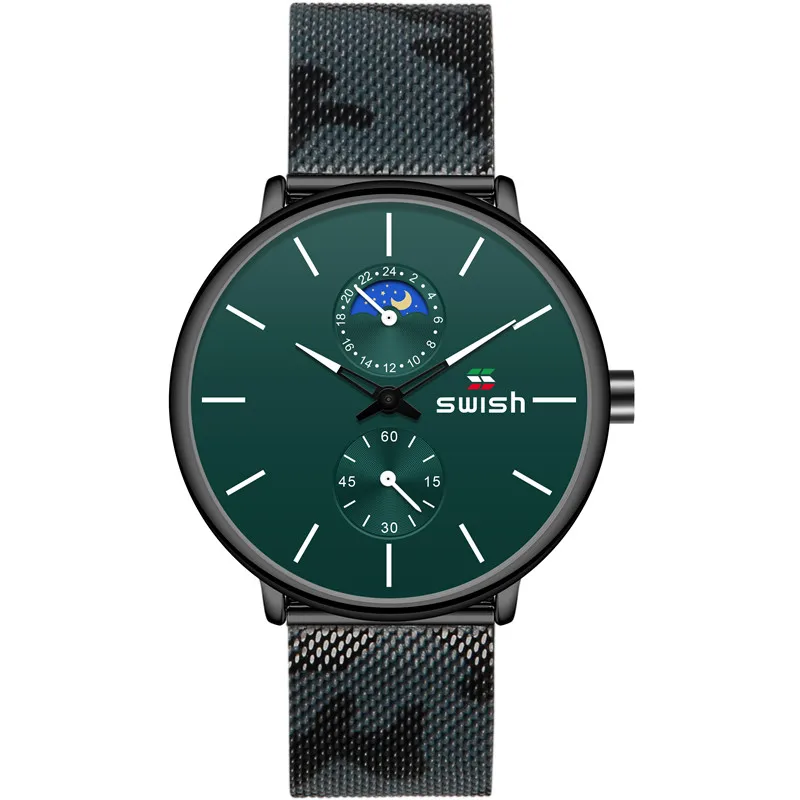 White-Green SWISH мужские часы мужские часы лучший бренд класса люкс кварцевые часы водонепроницаемые камуфляжные часы ремешок из нержавеющей стали - Цвет: White-Green