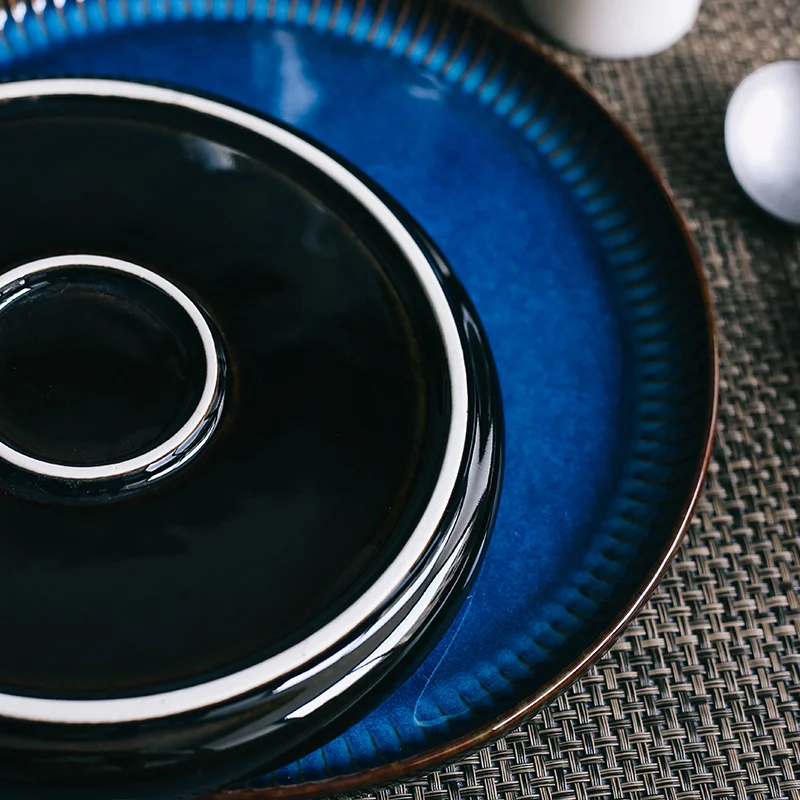 ANTOWALL Creative Nordic ceramic plate blue stripe flat plate household ceramic western pasta steak
