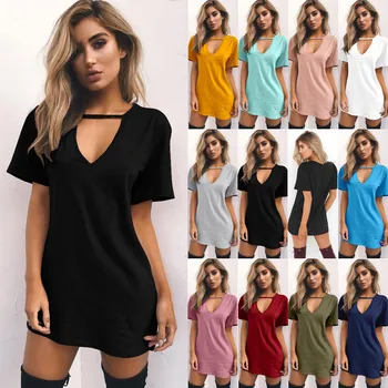 

LEH Women T shirt Dress Choker V-neck Summer Dresses Short Sleeve Casual Sexy Halter Loose Boho Beach Dress Vestidos Plus Size