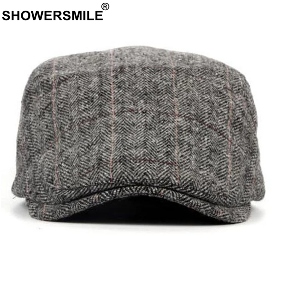 SHOWERSMILE/серая клетчатая шапка берет Мужская шерстяная твидовая с узором в елочку