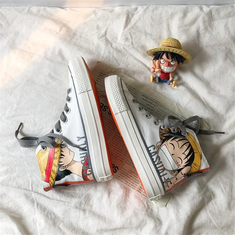 Luffy Anime Pikachu Pokemon Cartoon Plimsolls Cosplay Canvas Shoes Caricature Fashion Student Dunk High Black White Scrawl Board Shoes - Цвет: Luffy