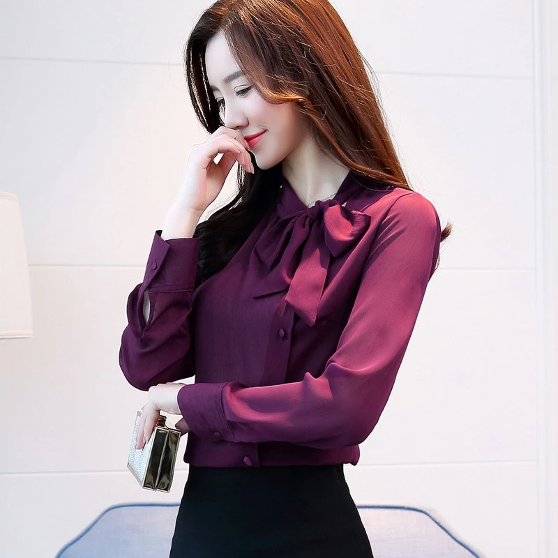 pecado Platillo Lidiar con Blusa de gasa de manga larga con cuello de lazo para mujer, camisa formal  de color morado liso para Primavera, novedad de 2021|Blusas y camisas| -  AliExpress