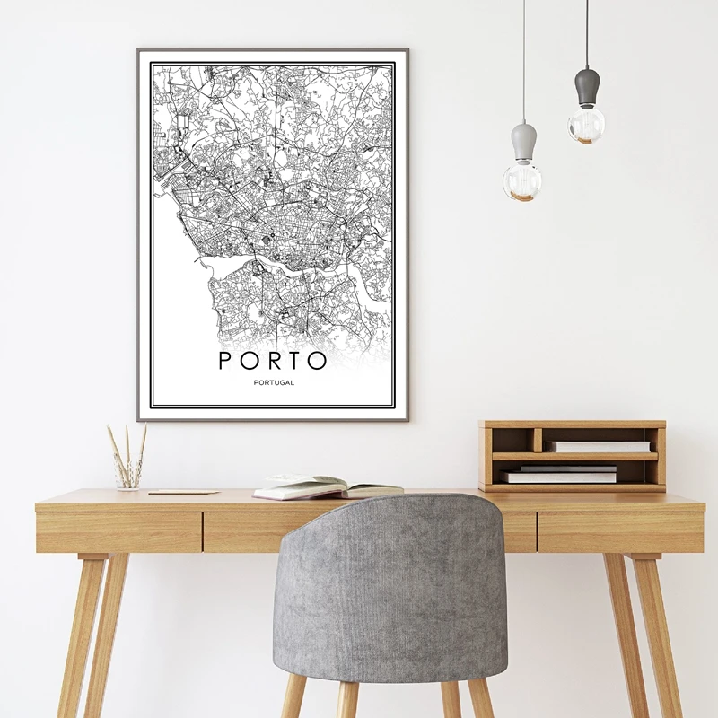 Hc25209b0290140b78ae940bc4ae94ebb2 Mapa Porto Preto e Branco | Quadro Decorativo Moderno, Coordenadas, Portugal