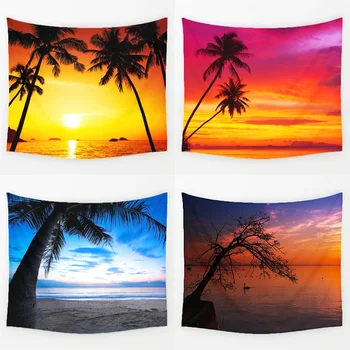 

Cozy Sunset Coastal Natural Scenery Wall Hanging Mural Coconut Tree Printed Polyester Tapestry Bedroom Decor Art