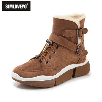 

SIMLOVEYO Women's Platform Ankle Boots Genuine Leather Fur Wool Bukle Snow Winter warm Boots Elastic band Round Toe size 35-39