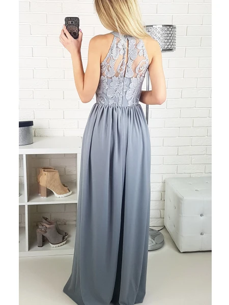 

Charming Halter Neck Lace Appliques Tops Chiffon Evening Dress Side Split Women Floor Length Prom Gown robe de soiree
