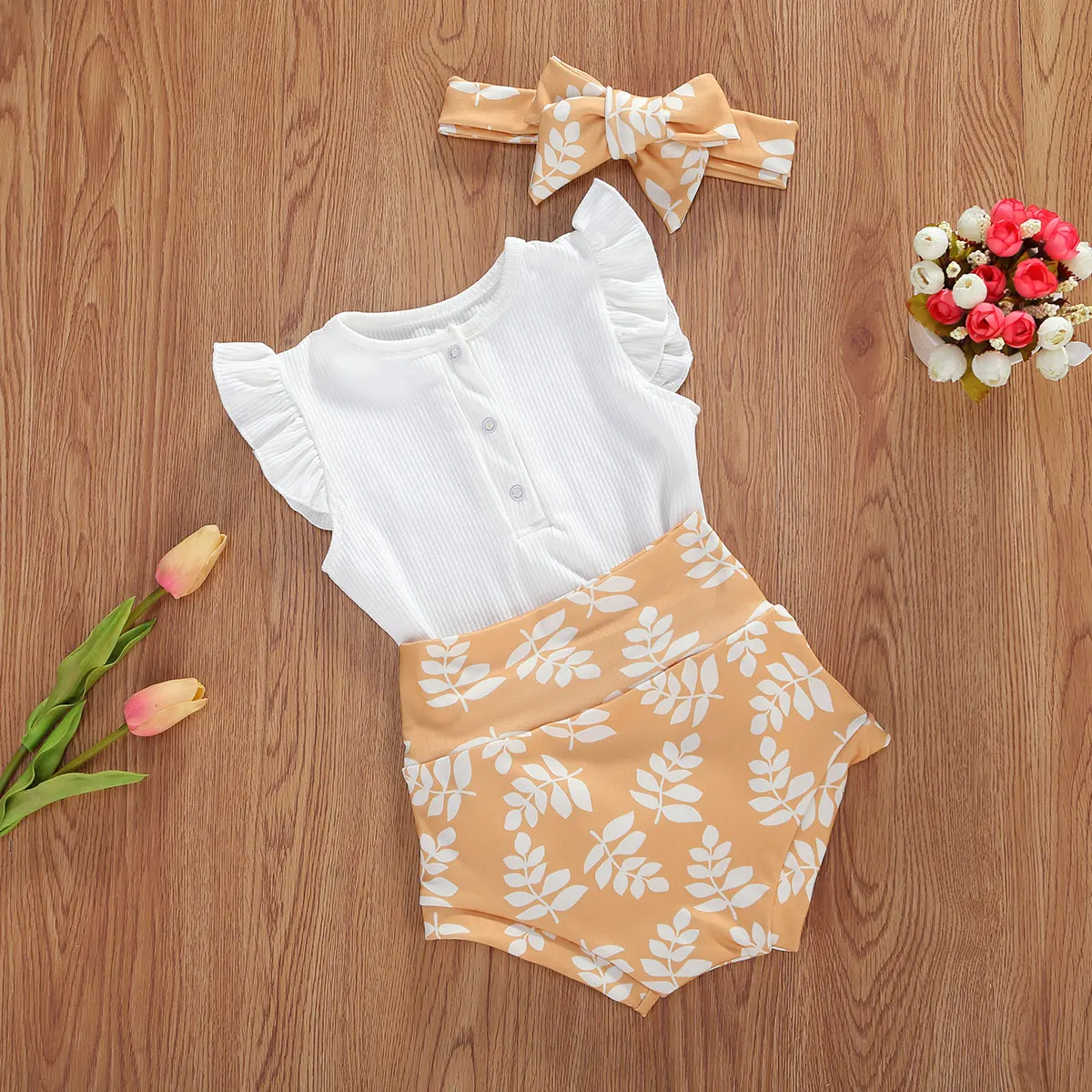 baby clothes penguin set Baby Girl Floral Clothes Sets Summer Baby Girls Ruffles Short Sleeve Romper Tops + Sun Flower Printed Shorts + Headband Outfits baby clothing set essentials
