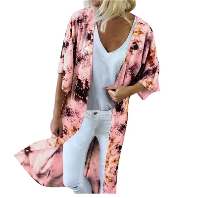 Модные женские длинные кимоно кардиган свободные летние цветочные печати Блуза с рукавами-клеш с коротким рукавом Кардиган Топы blusas mujer - Цвет: Розовый