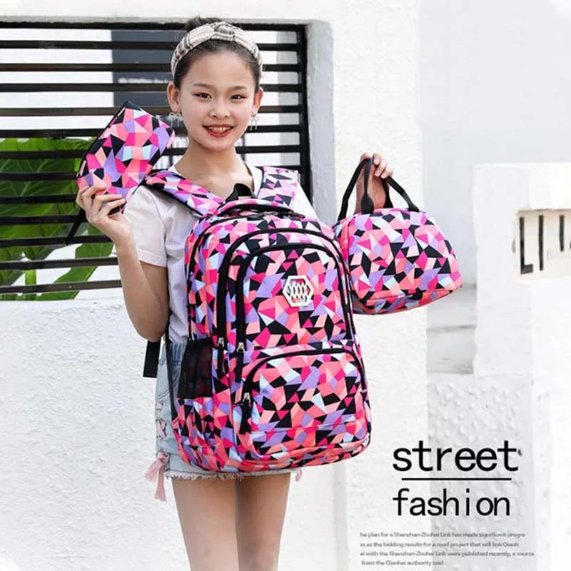 Hot Girl Geometric Printed Primary Junior High School Bag Waterproof Large Backpack Kids Bookbag Set Student Satchel Mochila 3