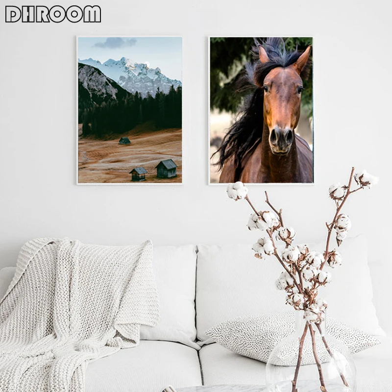 Nordic Nature Landscape Canvas Painting Mountain Wall Art Horse Forest Posters and Prints Pictures for Living Room Home Decor