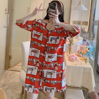 

Ladies Summer Nightdress Cartoon Half Sleeve Sleep Dress Loose Casual Nightwear Female Chiffon Turn-down Collar Nightgown S309