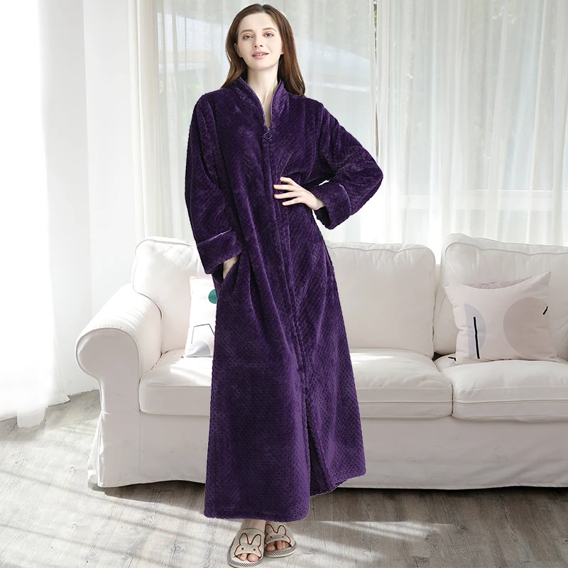 Мужской зимний теплый халат размера плюс, коралловый флис, 40-110 кг, фланелевый удобный банный халат с капюшоном, ночной халат, женская одежда для сна - Цвет: Women No Hood Purple