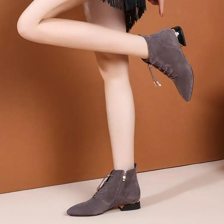 

Short boots female leather and low ankle boot Martin boots point with thick with bare shoes boots sheep wool 3 cm