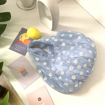 

2020 Spring Women Small Transparent Tote Mesh Cloth Bag Daisy Embroidery Handbag High Quality Eco Fruit Bag Purse For Girls