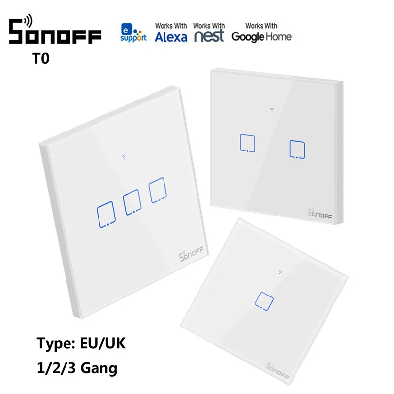 

SONOFF T0 smart switch panel EU/UK standard 1/2/3 Gang Work with Alexa Google home remote control by eWeLink for Dropshipping