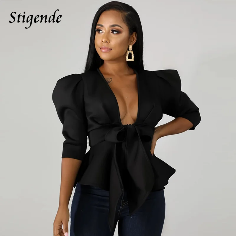 Stigende Half Sleeve Sexy Deep V Neck Bow Blouse Women Summer Casual Solid Color Ruffle Blouse Elegant Bandage Crop Blouse Top