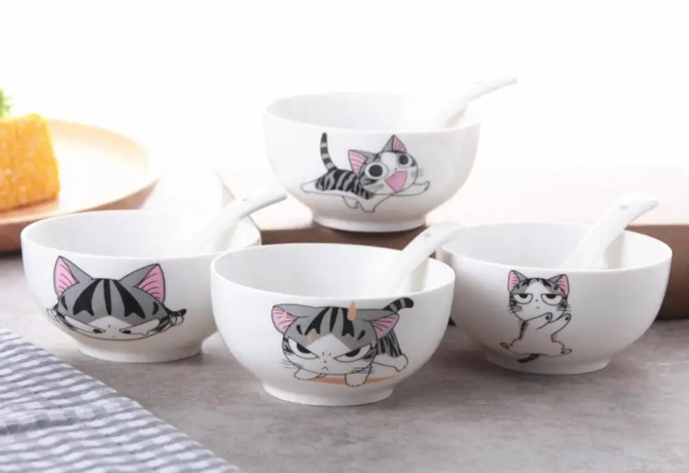 4 Bowls and Spoons Набор керамической посуды для кошек, набор посуды, тарелки, миски, ложки - Цвет: 4 Bowls and Spoons