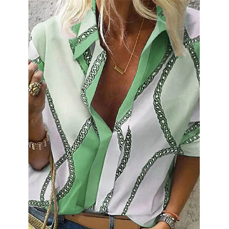 Viensta 5XL сексуальная блуза с v-образным вырезом и цепным принтом женская рубашка размера плюс с длинным рукавом для работы и офиса элегантная Осенняя блузка - Цвет: Chain Green