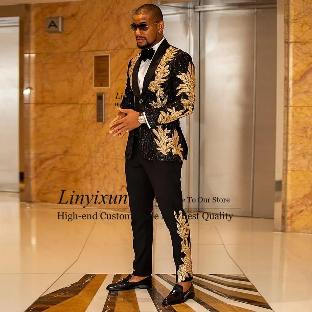 Mens Suit Slim Fit terno masculino Shiny Sequins Gold Applique Suits Men Prom Tuxedos Grooms Set 2 Pieces(Blazer + Pants) Costume Homme