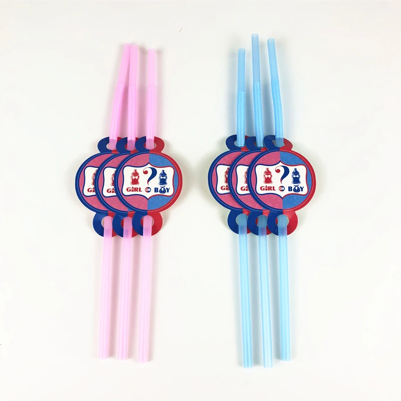 6pcs Boy Or Girl Theme Plastic Flexible Drinking Straws Birthday Party Gender Reveal Festival Decoration Supplies For Kids