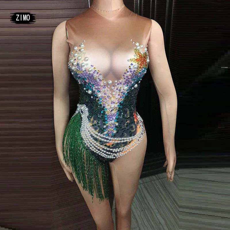 

Rhinestone Fringes pearl bodysuit Sleeveless green Leotard Nightclub DJ womens Singer Dance Wear Party Performance stage Costume
