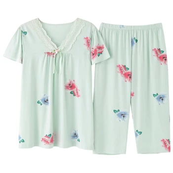 

New Home Clothes Fashion Style Pajamas Set Casual Elegant Women Pajamas Set Sleepwear Fashion Style Short Sleeve Capris Floral