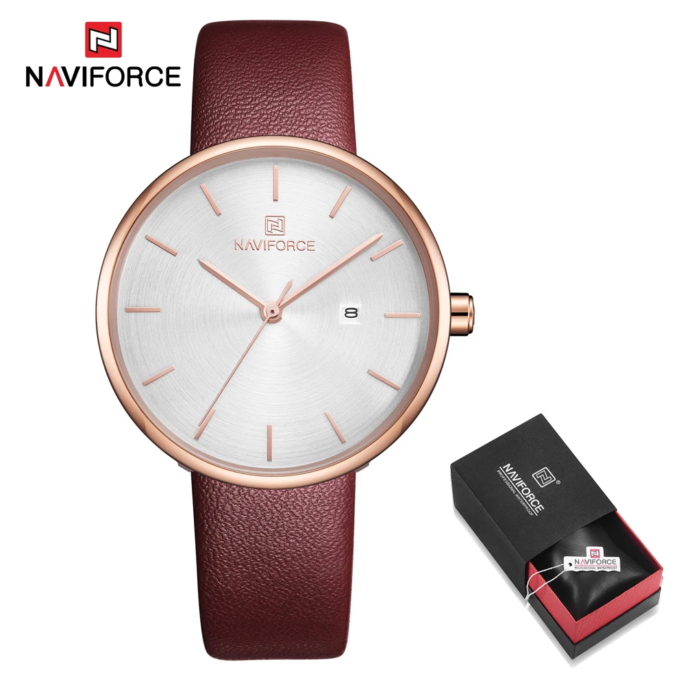 NAVIFORCE женские часы модные женские красные PU ремешок для часов кварцевые Дата повседневные часы водонепроницаемые наручные часы подарок для девушки жены женщины - Цвет: Red in Box