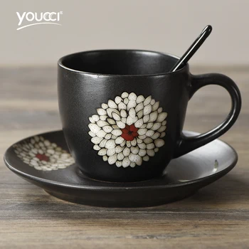 

Japanese Retro Coffee Cup and Saucer Set Creative Black Ceramic Coffee Cup Mug Simple Afternoon Pottery Tea Cup Tasse A Cafe D6D