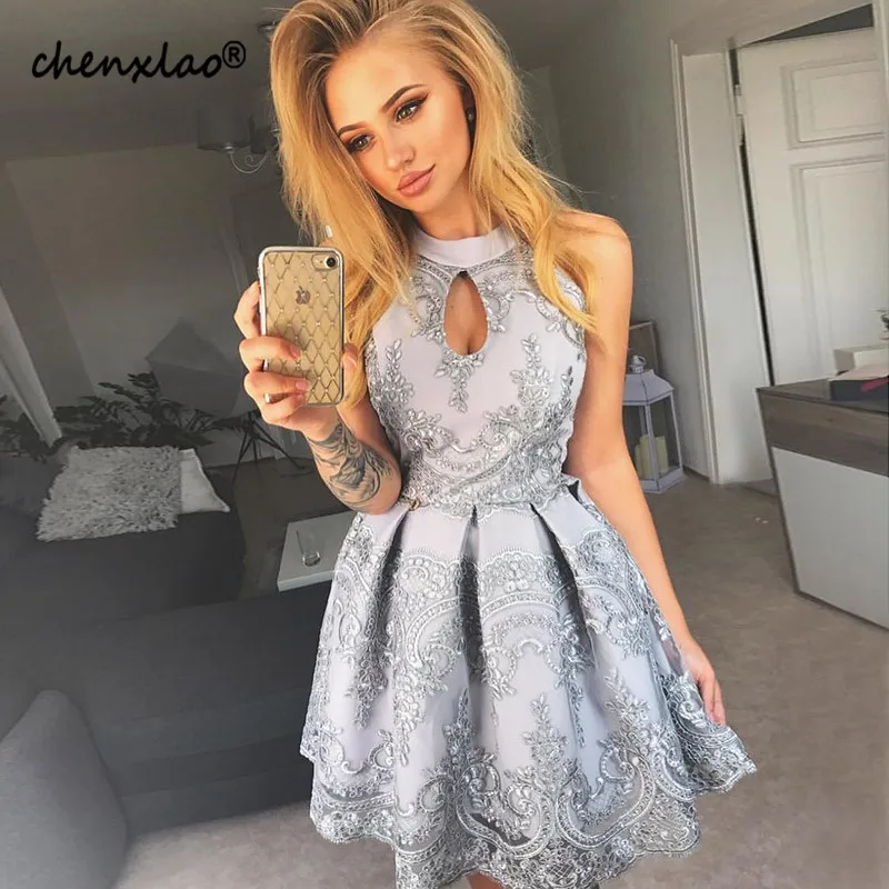 Vestido de festa, Серебряное платье для выпускного вечера,, круглый вырез, без рукавов, кружевное ТРАПЕЦИЕВИДНОЕ ПЛАТЬЕ выше колена, короткие платья для выпускного вечера