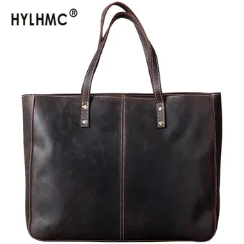 

Simple Retro Genuine Leather Bag Men Handbag Large Capacity Tote Bag Male Handmade Laptop Shoulder Bag First Layer Cowhide Soft