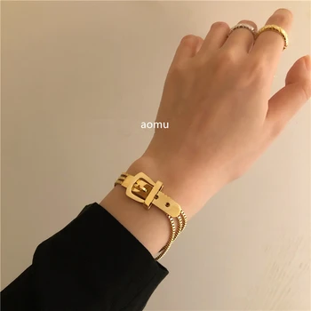 

AOMU 2020 Fashion Rhinestone Belt Buckle Bracelet Multilayer Metal Chain Strap Design Adjustable Charm for Women Vintage Bangle