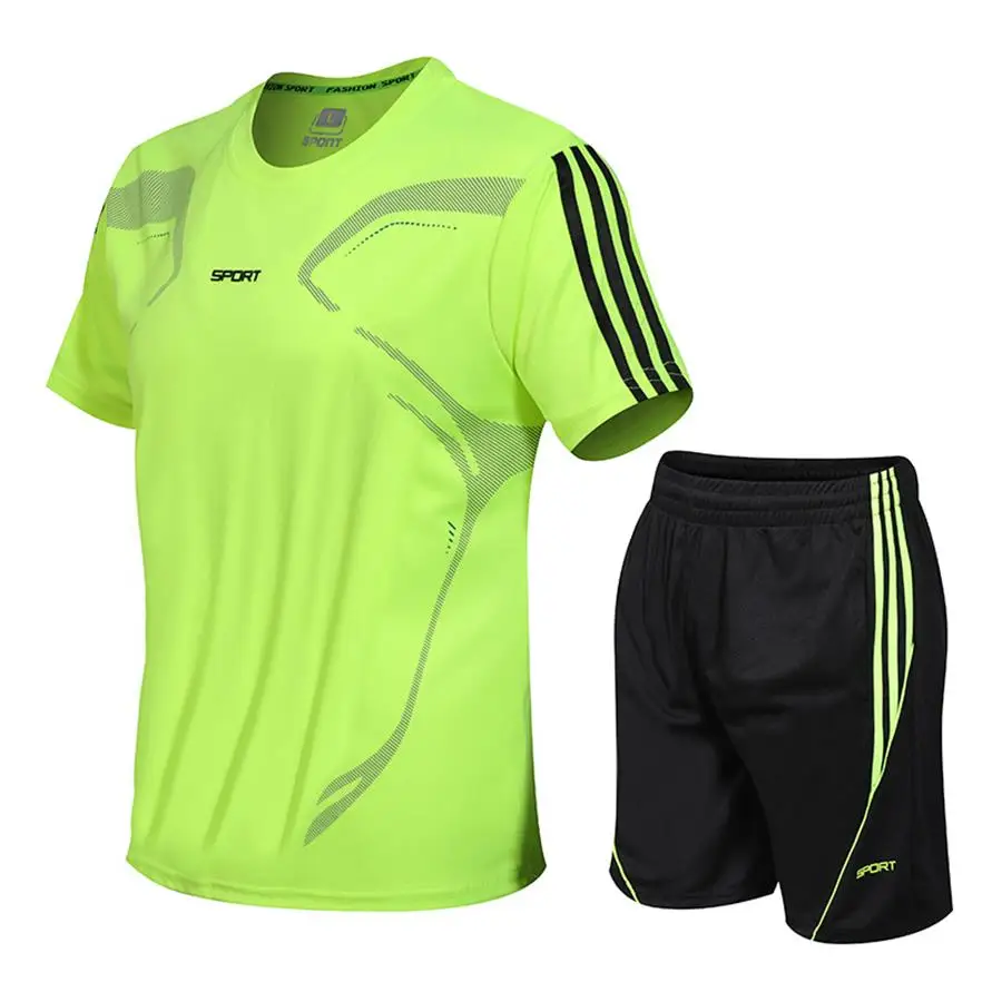 Летние мужские комплекты спортивной одежды для бега, для спортзала, фитнеса, футболка с коротким рукавом, шорты, набор для бега, для футбола, тренировочная одежда, спортивный костюм, M-5XL - Цвет: Зеленый